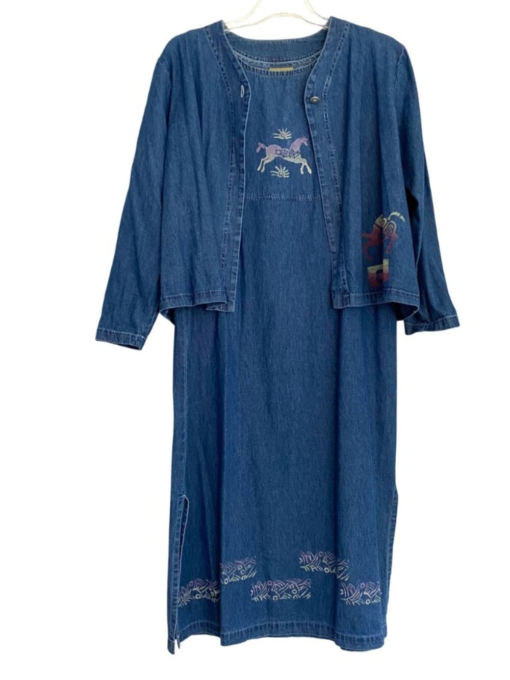 Vintage Blue Cactus Denim Jumper Dress & Jacket Aztec Southwest USA Made Size L